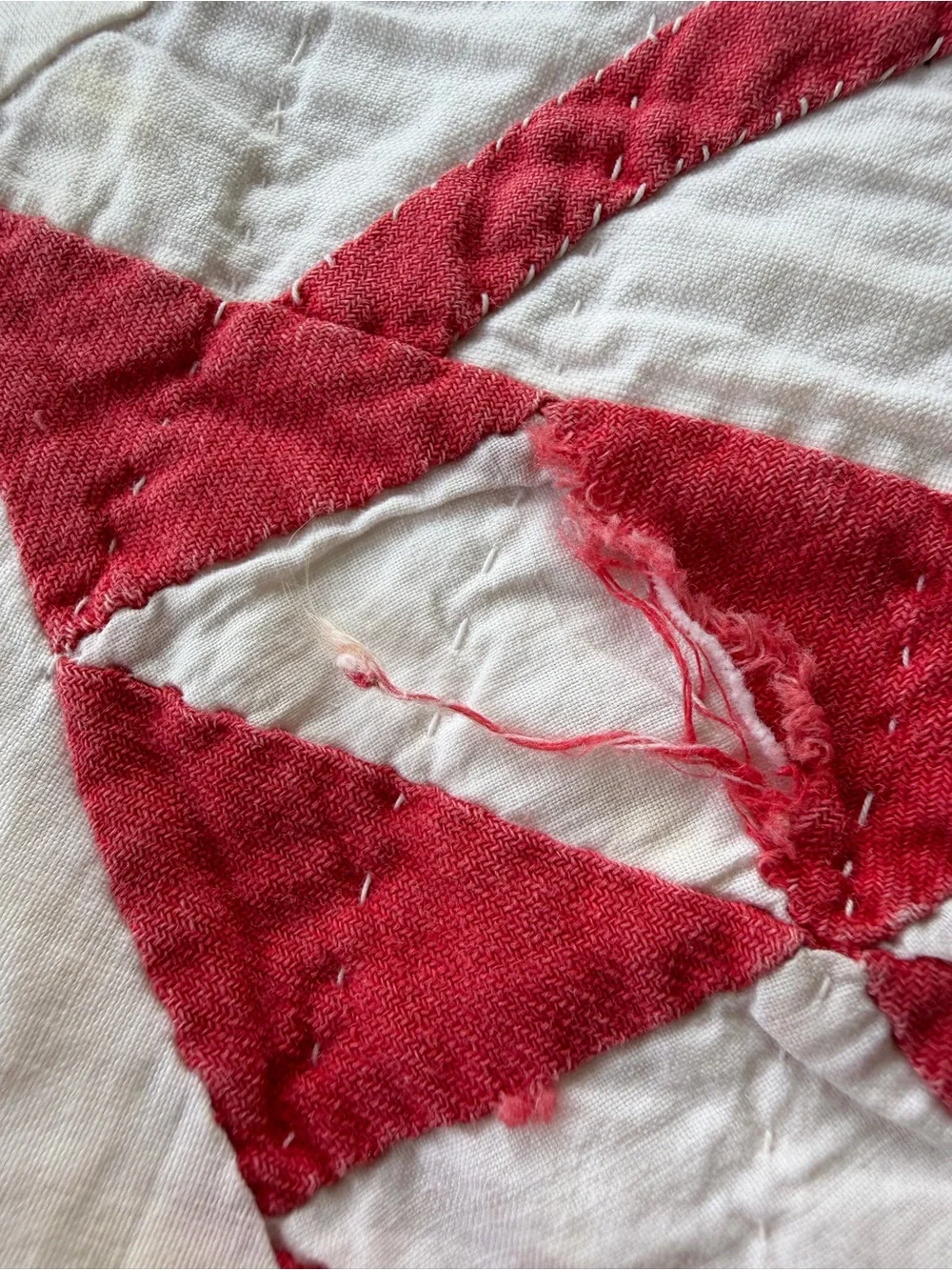 Vintage Pickle Dish Quilt Hand Stitched Red White Gauzy Cotton Thin 57x89 READ